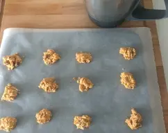Step <p>Con la ayuda de una cucharadita y una lengua pastelera, forma bolitas de tamaño de una nuez y deposítalas en la bandeja con una separación entre ellas, con el calor se aplanan, para que no se peguen entre ellas. Hornea 10 a 12 minutos.</p> illustration